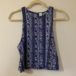 Blue and white patterned crop top